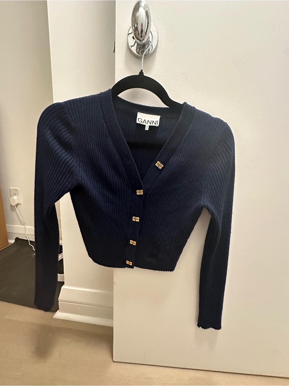 GANNI Navy Ribbed V-Neck Button Cardigan